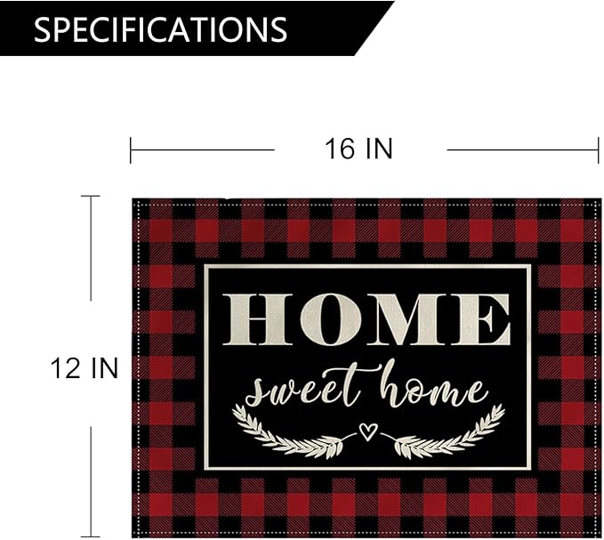 4Pack Farmhouse Decor Placemats Red White Buffalo Plaid Kitchen Inspirational Quotes Decor Table Mats Waterproof Heat Resistant Washable Non-Slip Place Mats for Dinner Kitchen Decor Table 12”×16”