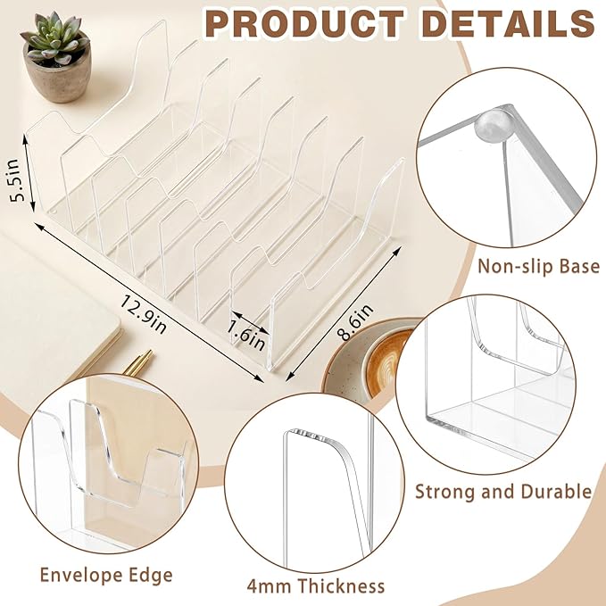 Wenqik Clear Acrylic Desktop File Organizer Vertical File Sorter 4mm Thick, Large Capacity Upright Magazine Organizer, Book Paper, Notebooks, Envelopes, Mail Holder(1 Pack,7 Section)