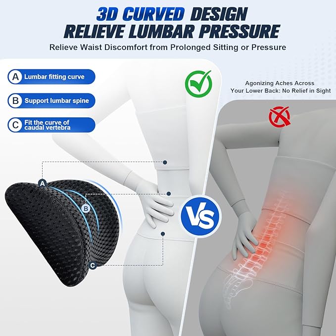 Lumbar Support Pillow,Ergonomic Memory Foam lumbar pillow for chair and Bed ,lower back support pillow for couch,Lower Back Pain Relief and Spine Support,lower Back Pillow,Car Seat Couch-Black