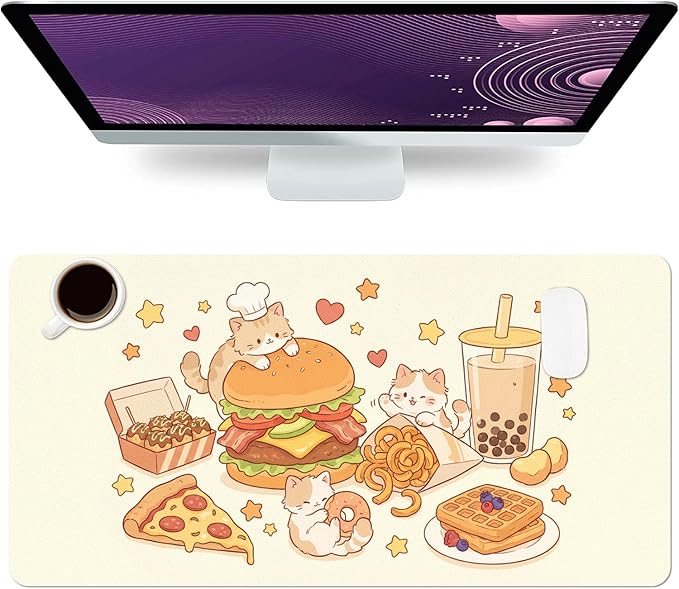 Cute Cat Desk Mat, Kawaii Hamburger Fries Large Mouse Pad for Desktop, PU Leather Waterproof Desk Pad, Anti-Slip Computer PC Laptop Protector Gaming Mouse Pads for Office Home Decorations