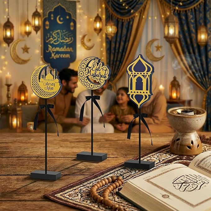 Smile Ramadan Wooden Decorations Eid Mubarak, Islamic Ramadan Tiered Tray Decor for Muslim Party Tabletop Decor Home