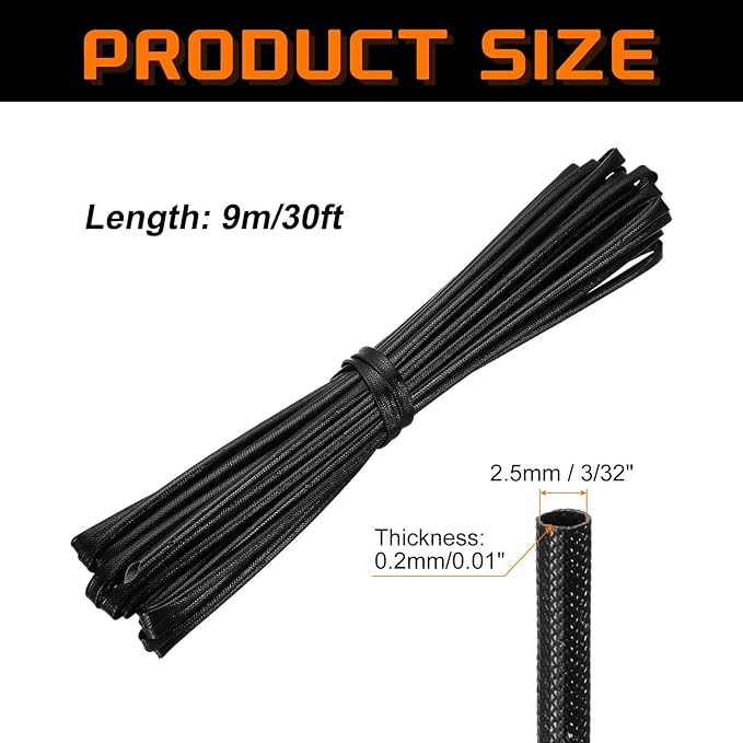 MECCANIXITY 30ft Braided Cable Sleeve, 3/32" ID 200C Heat Resistant 1500V Fiberglass Wire Insulation Cord Protector Organizer Wires Management for Motor Engine Fuel Line, Black