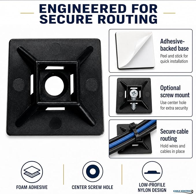 Kable Kontrol Zip Tie Mounts, 1” Sq, Black, 100 Pcs, Adhesive Backed Multi-Purpose UV-Resistant Mounting Squares Nylon Cable Tie Wrap Anchor Pads for Cable Management