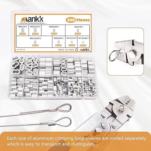mankk 330Pcs Aluminum Crimping Loop Sleeve 8 Sizes (3/64'' 1/16'' 5/64'' 3/32'' 1/8'' 5/32'' 3/16'' 1/4'') Wire Rope Sleeves Double Cable Ferrules Kit M-109-330PCS