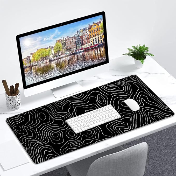 Desk Mat,Desk Pad, XXL Large Mouse Pad,Anti-Slip Big Mousepad with Stitched Edges,Extended Computer Mouse Pads for Desktop Black Topographic