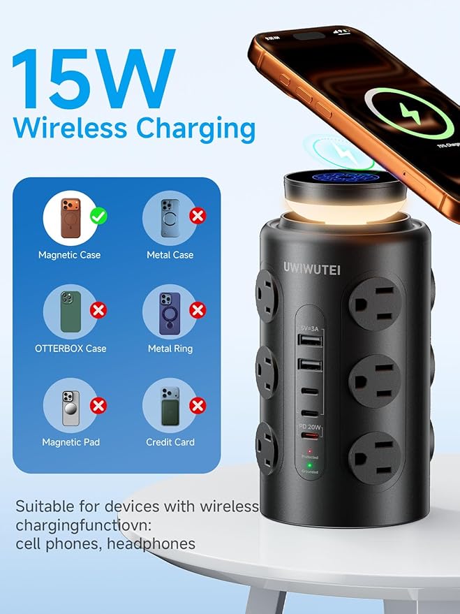 Tower Power Strip Surge Protector with Wireless Charging & Night Light - PD20W Fast Charging Station,12 Outlets, 5 USB (3 USB-C),1800J Protection, 6FT Extension Cord, Home Office Essentials (Black)