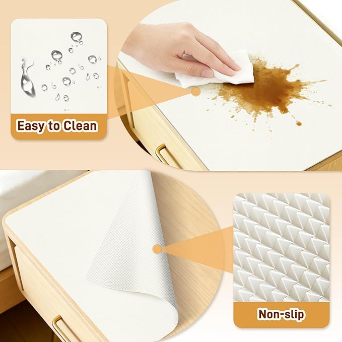 Cuttable PU Leather Nightstand Mat - 13.8x10.8in, Waterproof, Heat Resistant & Non-Slip Night Stand Accessories, Bedside Table Mat, Dresser Protector Top, End Table Cover, Small Desk Mat, Cream White