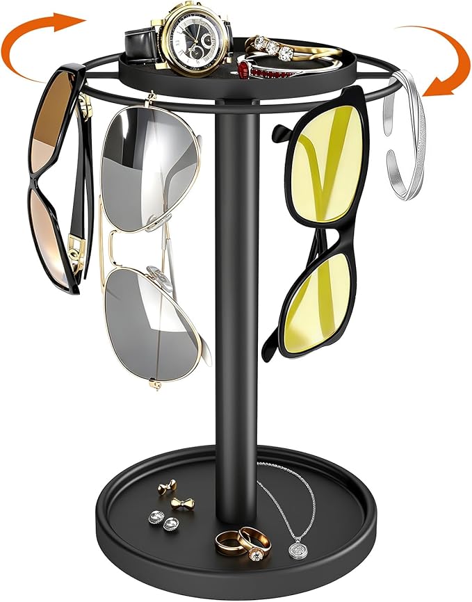LSK 360° Rotating Sunglasses Organizer, Stainless Steel Glasses Holder Stand with Tray, Glasses Organizer with Storage Base for Dresser, Desk Table, Nightstand & Home Decor, Black