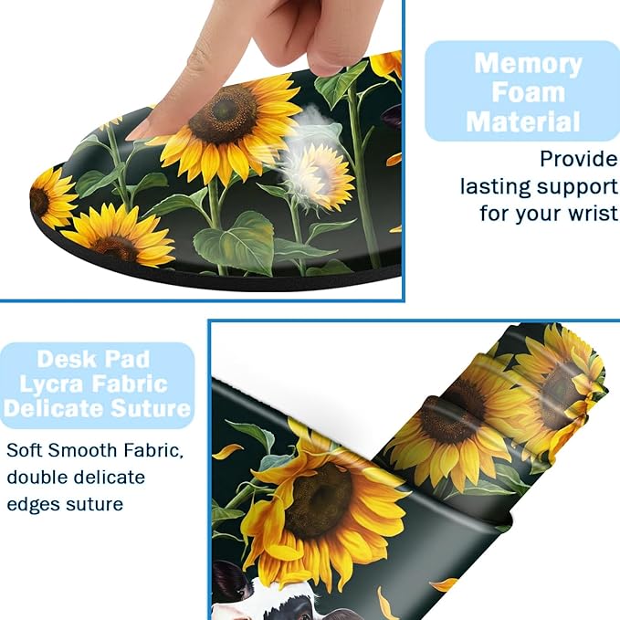 Ergonomic Mouse Pad Set with Wrist Support for Keyboard and Wrist Rest for Mouse, Memory Foam Comfort, Non-Slip Large Desk Mat for Home Office Pain Relief,Cute Sunflower Cow