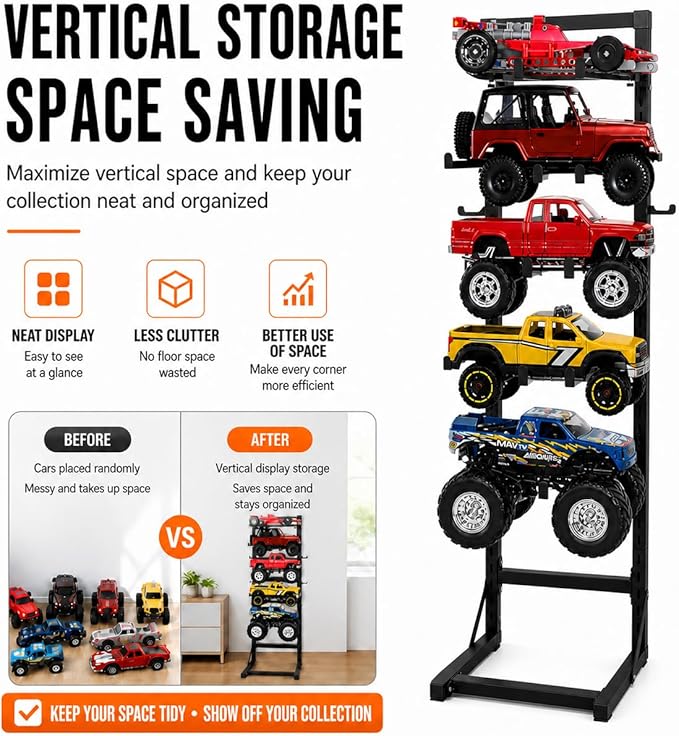Rc Car Stand Display 5 Tier Metal Storage Rack Shelf Compatible With 1/6 1/10 1/12 1/18 1/24 Scale Crawler Trucks Accessories Multi Layer Model Workstation Organizer Includes 2 Remote Controller Hooks
