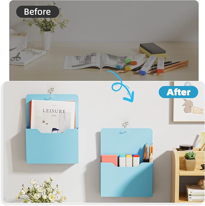 2 Pack Magnetic File Holder - Paper Holder, Pocket Organizer,Hanging Wall File Organizer Office Supplies Storage, Magazine Mail Organizer Case for Notebooks,Planners,Letter (Blue)