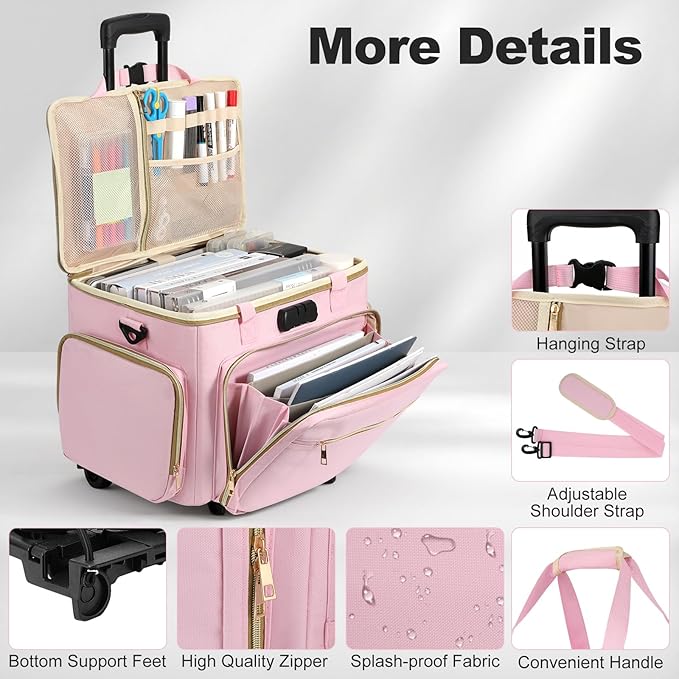 Housolution Rolling Teacher Bag with Wheels, Fits for 17" Laptop, Teacher Tote Bag with Detachable Trolley, Laptop Work Case with Anti Theft Lock, Briefcase Cart with Accordion File Organizer, Pink