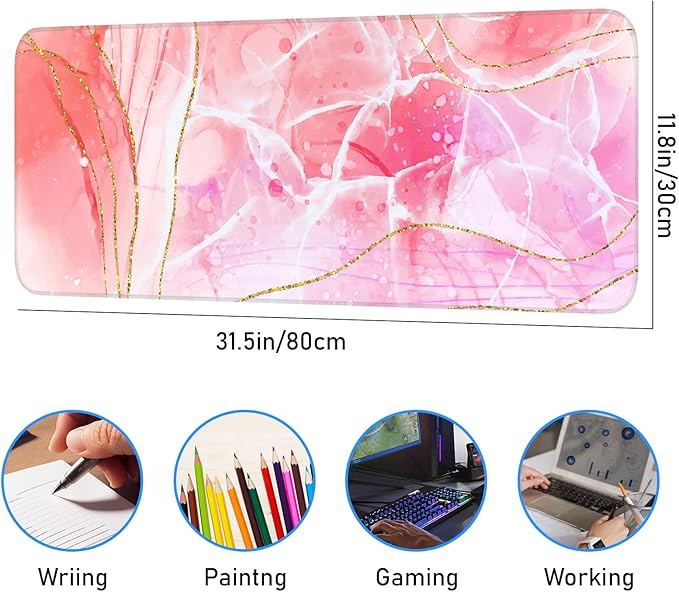 Pink Mouse Pad, Large Gaming Mouse Pad, Non-Slip Base and Stitched Edges, for Gaming, Home, Office, 31.5 x 11.8 Inch, Cute Desk Pad, Rose Gold Marble