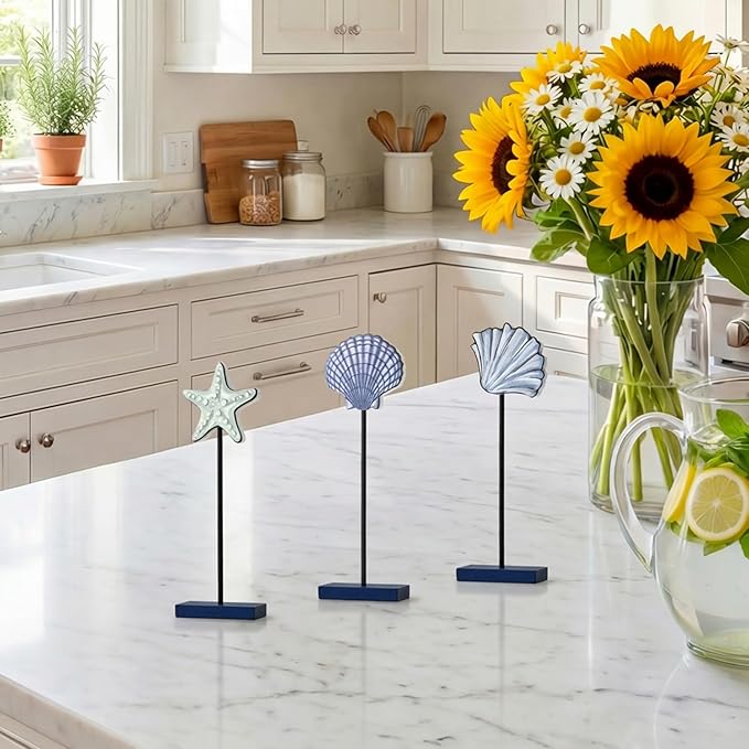 Smile 3 Pcs Wooden Decor Summer Indoor Decorations, Starfish Shell Style, Summer Table Centerpieces for Home Kitchen Seasonal Display