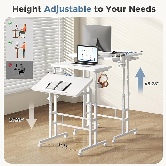 DUMOS Split Top Rolling Standing Desk, 23.6" Mobile Laptop Desk, Manual Height Adjustable Workstation on Wheels, Sit Stand Office Table, Walking Pad Study Desk,White
