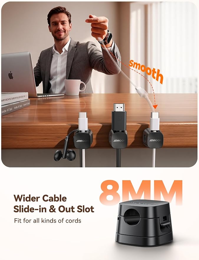 JOYROOM Detachable Magnetic Cord Organizer w/Secure Snap-Lock, 2-in-1 Adhesive& Magnetic Cable Clips, Auto-Fit Spring Management for φ1.5~8mm Cables, Under Desk Nightstand Home Office Car Wire Keeper