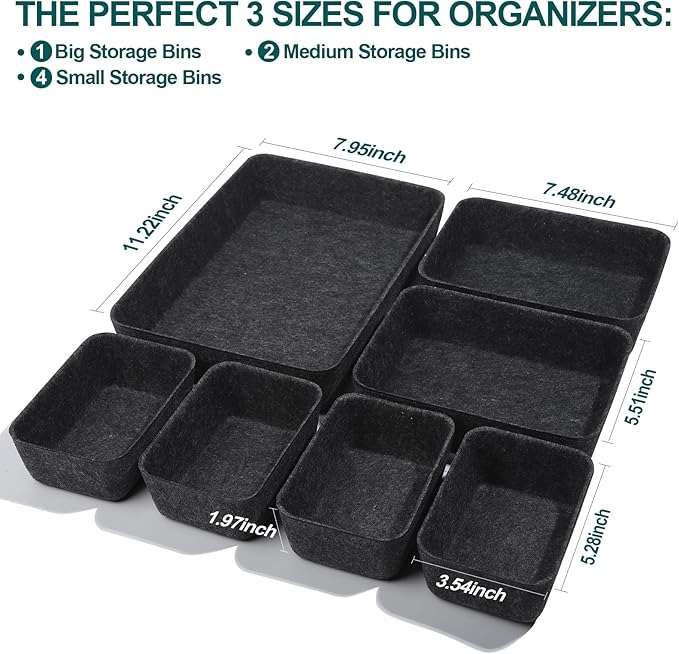 Desk Drawer Organizer,7 Pack Felt Drawer Organizer Shallow Drawer Organizers Felt Storage Bins,Desk organizer trays (Gray)