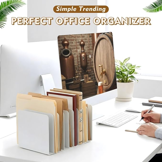 Suzile Metal Desktop File Organizer, 10 Compartments, Vertical File Sorter, White, 5.79" W x 10.63" L x 5.41" H, Office, Reception Areas, Workspace