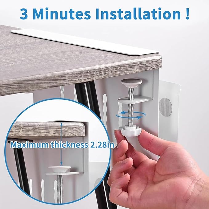 Desk Side Storage Organizer, Under Desk Laptop Holder with Magnetic Pen Holder, No Drill Hanging Desk Caddy for Office & Home, Clamp On Desk Shelf for Tablet, Files, Accessories (White)