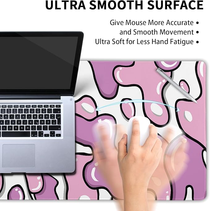 Pink White Mouse Pad XL 31.5”x11.8” Anime Cool Geometric Japanese Desk Mat Extended Keyboard PC Computer Pad Gaming with Non-Slip Rubber Base Stitched Edge Desk Pad Mouse Mat for Home Office Work