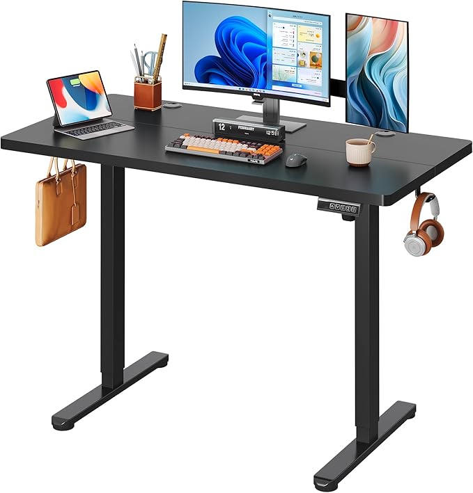 DEVAISE 48 Inch Electric Standing Desk, Adjustable Computer Desk for Home Office, Ergonomic Sit to Stand Desk with LED Touchscreen，Headphone Hook, 3 Memory Preset, with Split Top, Black