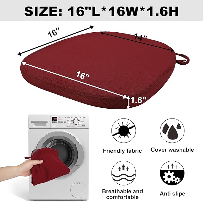 BUYUE Luxury Memory Foam Chair Cushions 6 Pack, Jacquard 16" U-Shape Comfortable Dining Chair Pads, Removable Slip Resistant Kitchen Chair Seat Cushions (Set of 6, Burgundy)