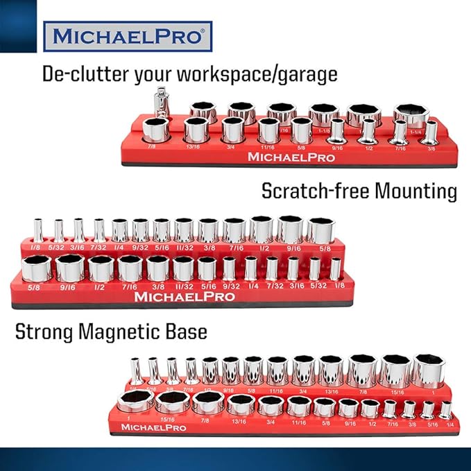 MichaelPro MP014003 3-Pc Magnetic Socket Organizer- 1/4-inch, 3/8-Inch & 1/2-Inch Drive Magnetic Socket Holder Kit in SAE, Professional Grade Socket Organizers for Toolboxes/Cabinets (SAE), Red
