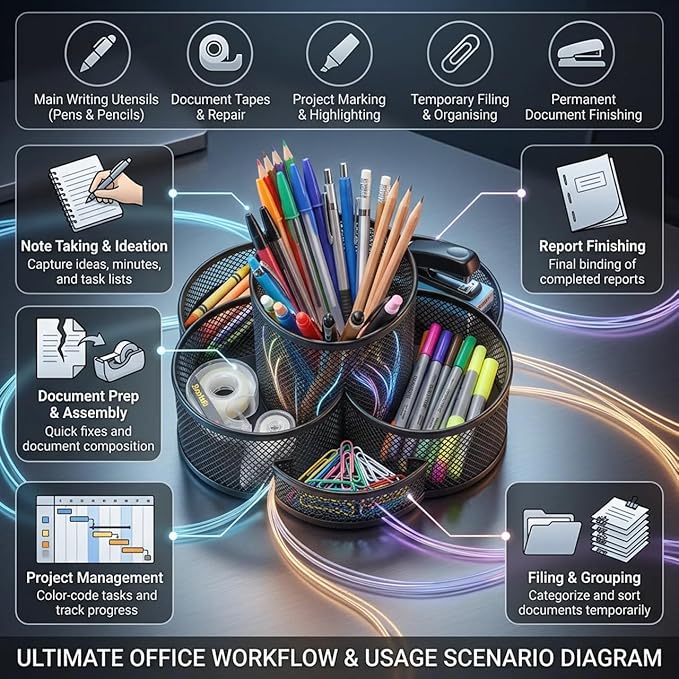Multifunctional Desk Pen Holder,360°Rotating Metal Mesh Pen Holder,Office Learning Stationery Organiser (Black)