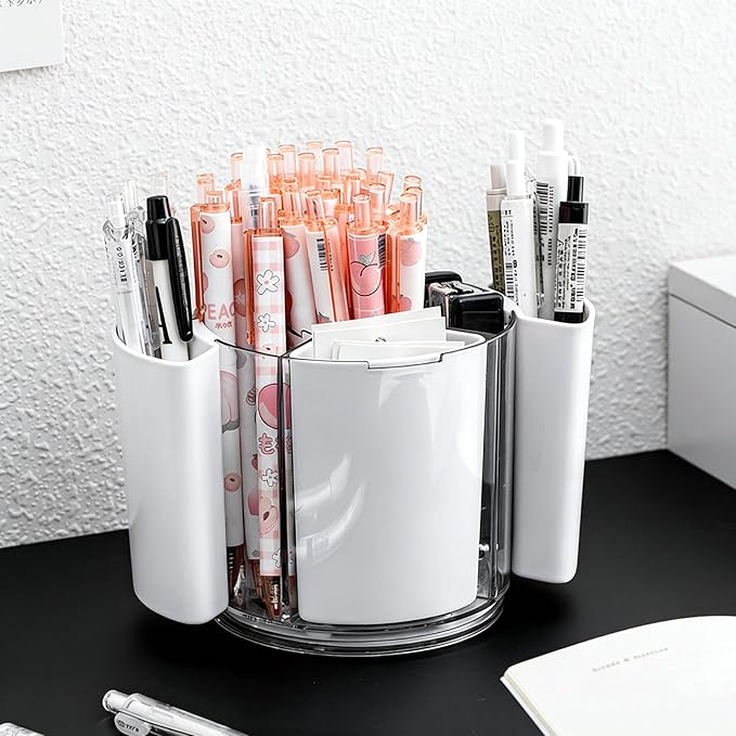 360 Rotating Plastic Desk Pen Organizer, Rotating Detachable Desk Organizer, Multi Compartment Pen Holder, 5 Slots Unique Make Up Brushes Cup for Cosmetics, Art Supply, White, 1 Piece