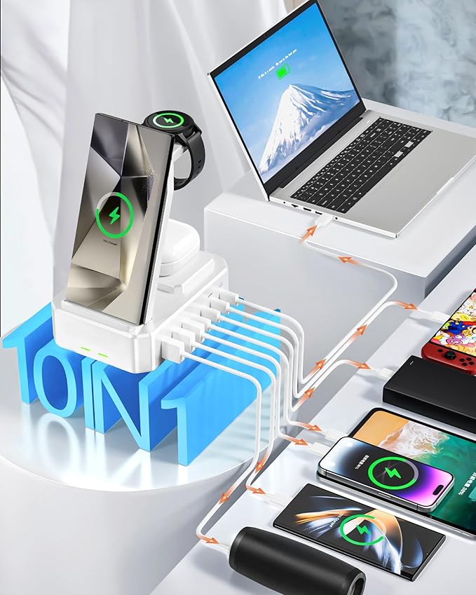 300W Wireless Charger for Samsung,Zutspzss 10 in 1 Wireless Charging Station, 65W USB C Fast Charging Stand for Samsung S25 Ultra/S24/S23/S22/Z Fold,Galaxy Watch Ultra7/6/5,Galaxy Buds,White