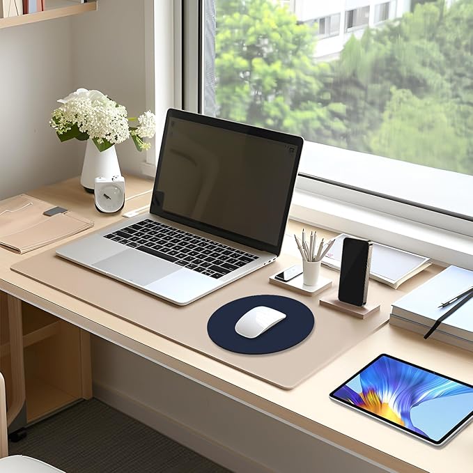Leather Mouse Pad, Office Mouse Mat Non-Slip Rubber Base Stitched Edge Washable Waterproof Round Mousepad for Office Gaming PC Laptop, Round Diameter 8.7 inches, Dark Blue