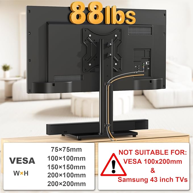 TVON Universal TV Stand Base, Swivel Table Top TV Stand for 20-43 inch TVs/Monitors with 4 Level Height Adjustment and Tempered Glass Base, Holds up to 88 Lbs, VESA 200x200mm
