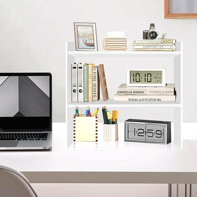 Wood Desk Organizer - Small Desk Shelf, 2 Tier Desktop Bookshelf for Workspace Organizers Dorm, White Desktop Shelf Organizer