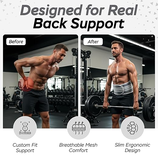 Back Brace for Lower Back Pain Relief – Adjustable Lumbar Support Belt for Men & Women – Breathable Mesh Back Support with Dual Side Stabilizers