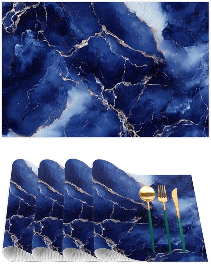 Placemats Set of 4 Heat-Resistant Rectangle Place Mats Blue Marble Washable Plastic PVC Dining Table Mat Non-Slip Wipeable Woven Vinyl Placemat for Kitchen Patio Table Decor