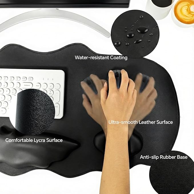 Bat Mouse Pad, PU Leather Mousepad, 3 in 1 Keyboard Wrist Rest and Mouse Wrist Rest, Ergonomic Bat Wrist Rest Waterproof Leather Surface, Easy Typing Cushion with Memory Foam for Home Office