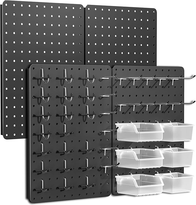 Peg Board for Tools, 4 Pack Metal Pegboard Wall Organizer with Hooks, 14.76"×10.82" Black Pegboard Panels for Walls Home, Garage Tool Storage, Kitchen, Office Organization, Craft Room