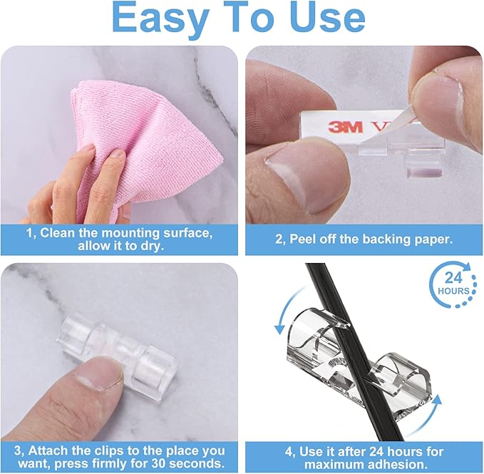 Self-Adhesive Cable Clips Black (40PCS, M), Upgraded Wire Clips for Wall, Strong Cord Organizer Cable Management Under Desk, Ethernet, Dash Cam, Outdoor Light