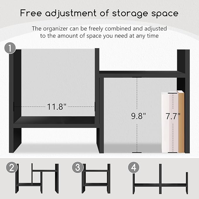 Jerry & Maggie Desktop Organizer Office Storage Rack Adjustable Wood Display Shelf Free Style Double H, Multi-Functional Mini Bookshelf for Desk Natural Stand (Black/2 Pack)
