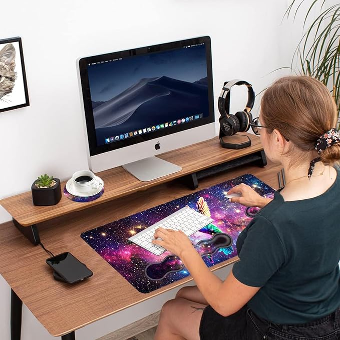 Ergonomic Mouse Pad Set with Wrist Support for Keyboard and Wrist Rest for Mouse, Memory Foam Comfort, Non-Slip Large Desk Mat for Home Office Pain Relief,Space Hummingbird