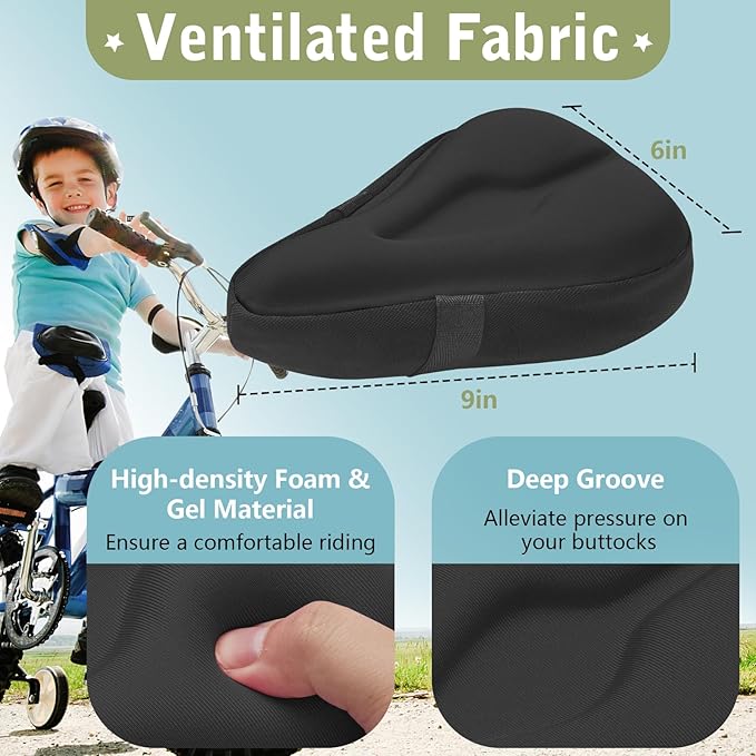 Zacro Gel Kids Bike Seat Cushion Cover for Boys & Girls, Anti-Slip Bike Seat Cover for Toddler, Breathable & Extra Soft Memory Foam Child Bicycle Saddle Padded with Reflective Strip, 9"x6"