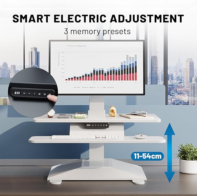 Electric Standing Desk Converter 28" Wide, Height Adjustable Desk Riser, Computer Workstation, Sit-Stand Convertor for Home, Office, School (White, 1 Arm Included)