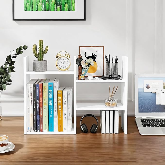 Desktop Shelf Organizer Desk Shelves - White Desk Hutch for Dorm Room Essentials & Home Office - Small Tabletop Bookshelf for Storage & Decor Display