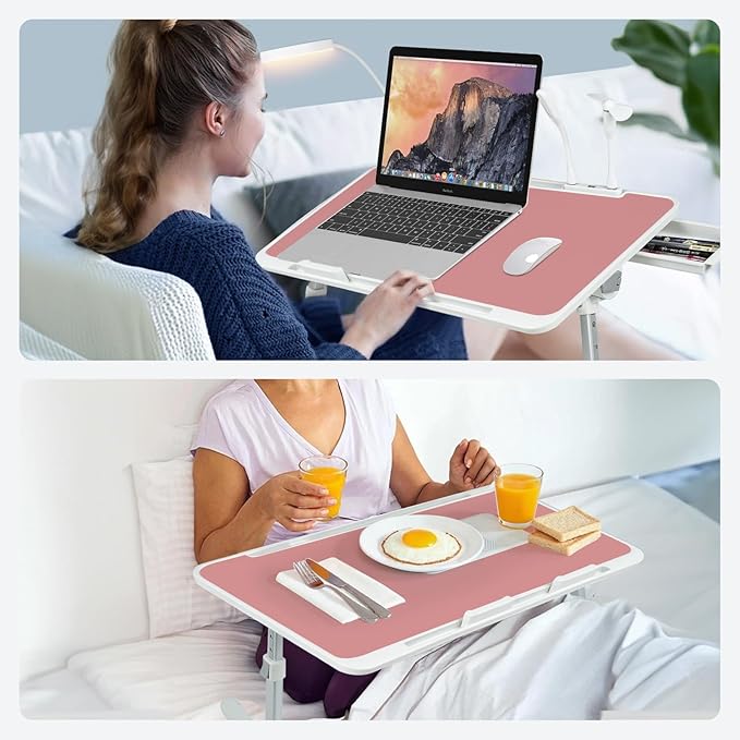 iXTRA Laptop Lap Desk Include Cooling Fan,Adjustable Lap Desk with Light Fan,Folding Laptop Desk for Bed with USB,Bed Desk with Storage Drawer 60x40cm,Pink