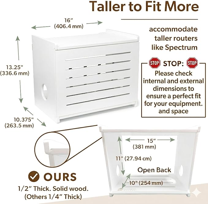 Wooden WiFi Router Storage Box - Deluxe Wall Mountable Decorative Modem Shelf Hider Cover with Cable Management System - Rustic Home Organization Solution for Most Routers Up to 11" Tall - White