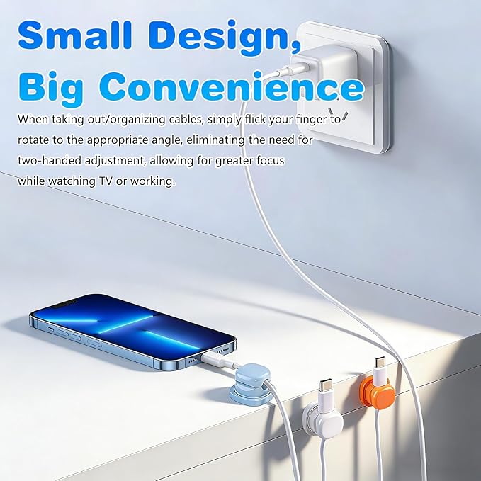 6Pcs Magnetic Cord Organizer Holder,Cord Holder for Nightstand,360° Rotatable Spring Cable Management,Adhesive Wire Cable Clips Management Kit for Phone Charger,Computer,Office,Desk,Nightstand (Mix)