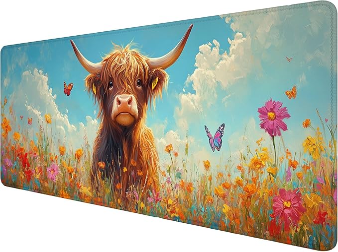 Cute Highland Cow Mouse Pad Colorful Flowers Butterfly Mousepad Extended Large Laptop Keyboard Non-Slip Rubber Base with Stitched Edges for Home Office Computer Keyboard Laptop Home 31.5x11.8 Inch