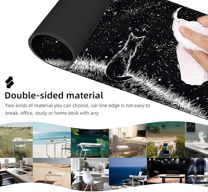 Ergonomic Mouse Pad Set with Wrist Support for Keyboard and Wrist Rest for Mouse, Memory Foam Comfort, Non-Slip Large Desk Mat for Home Office Pain Relief,Black Cat Moon Starry