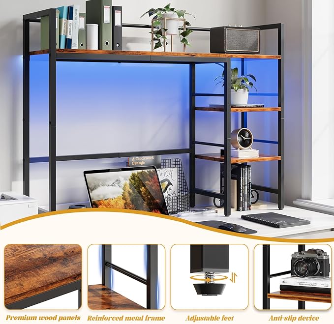HavenlyYouth Desk Shelf with LED Light Strip, 3-Tier Storage Desktop Organizer Shelf, 38.6" Wood Desktop Bookshelf for Computer Monitor, Desk Hutch for Home Office Dorm, Rustic