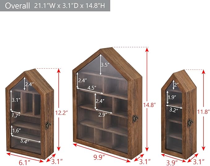 Ikee Design 3 Pcs Set Wall-Mounted House-Shaped Wooden Shadow Cubby Box Display Shelf with Door Storage Display Case for Collectibles, Trinkets, Mini Figures, Brown Color, 21.1W x 3.1D x 14.8H in